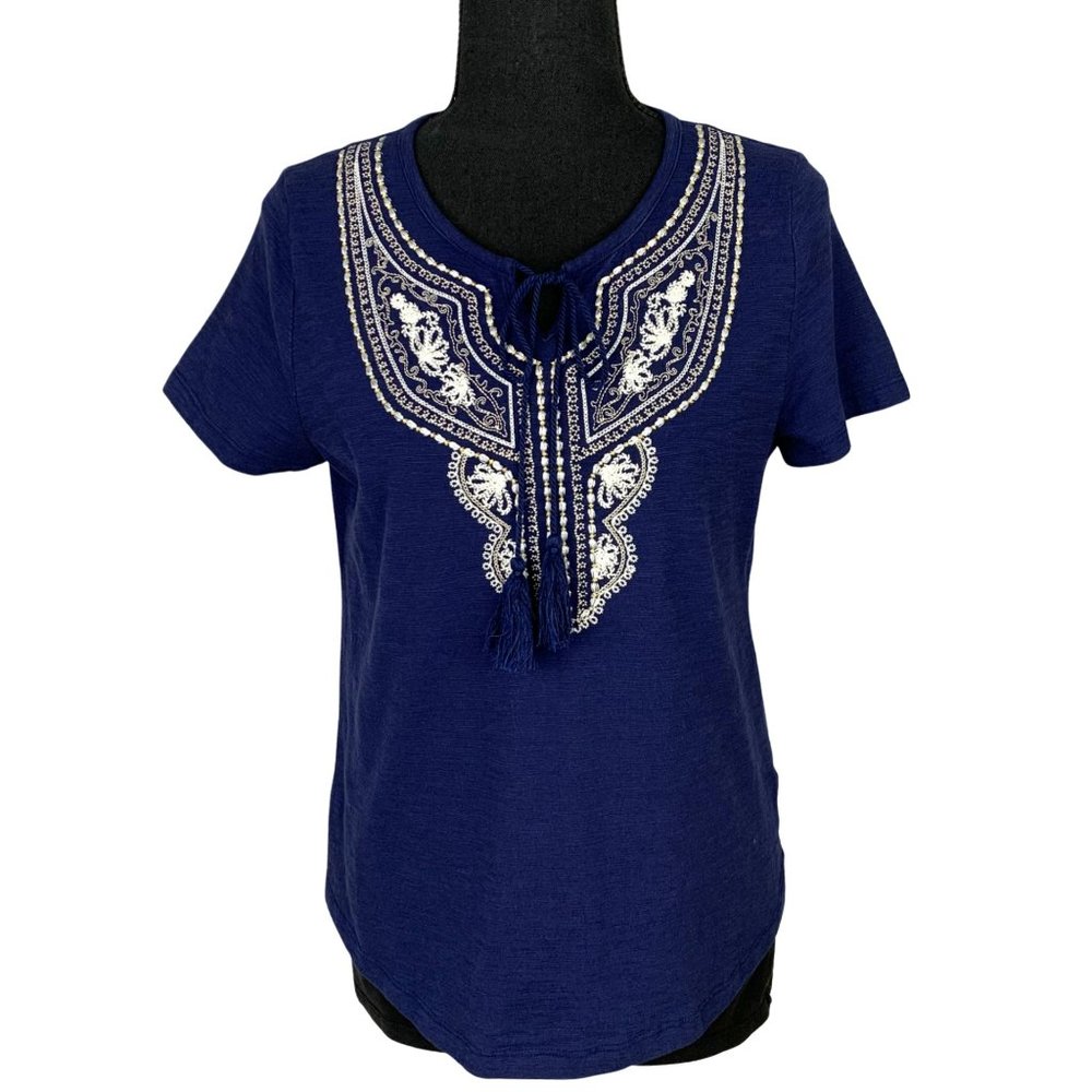 Navy Blue Embroidered Short Sleeve Top